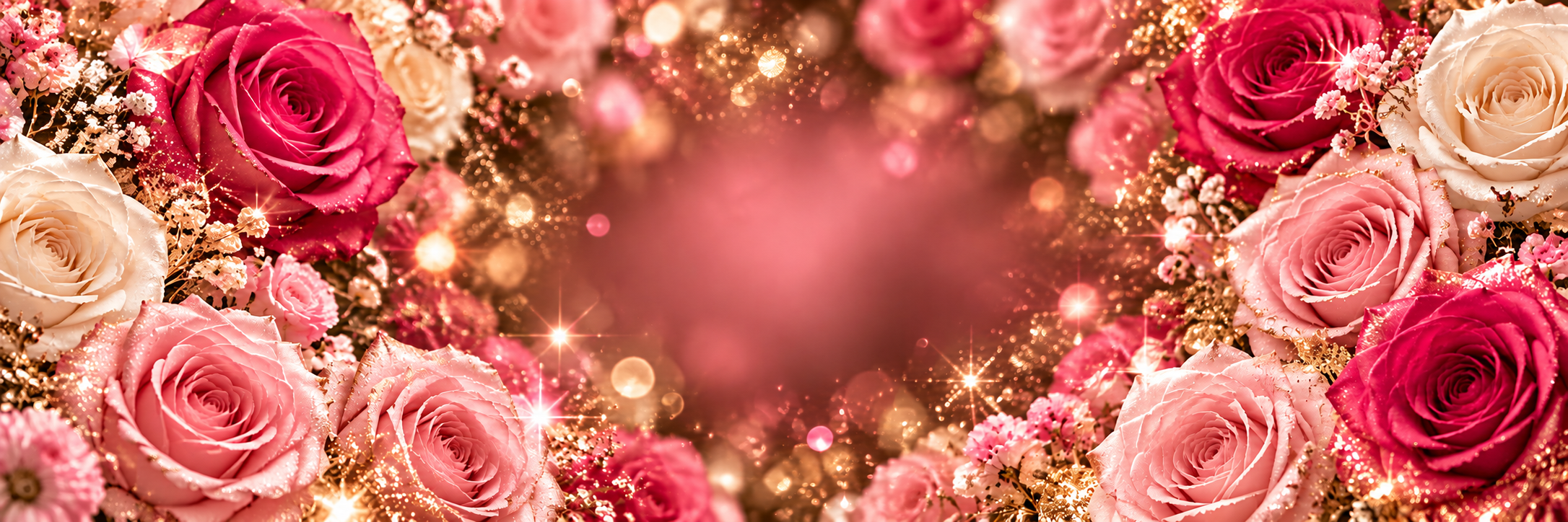 Lush hot pink, blush, and ivory roses with champagne-gold sparkle