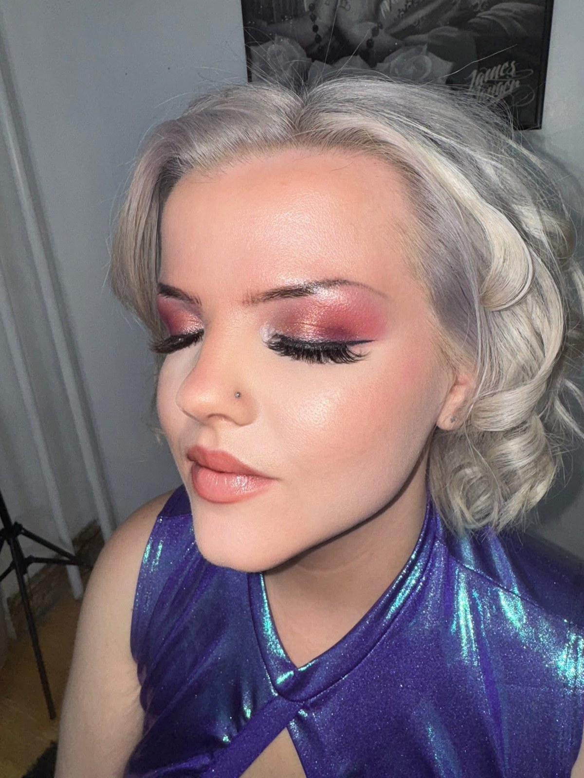 Rose shimmer makeup with a glossy finish